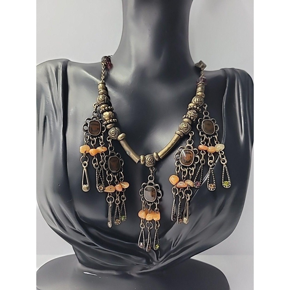 Vintage Artisian Style Boho Chandelier‎ Necklace Orange Beads Tassels Jewelry - Picture 5 of 11